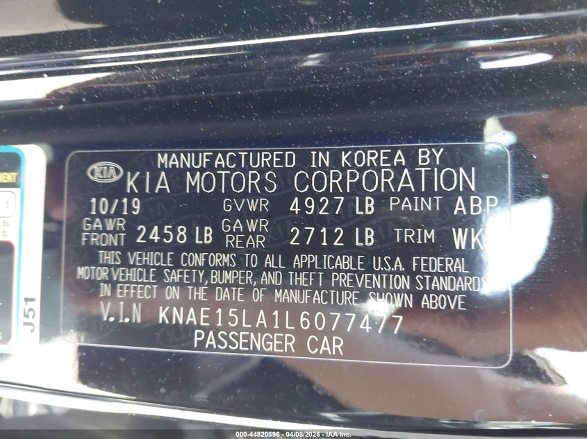 2020 Kia Stinger Gt-Line VIN: KNAE15LA1L6077477 Lot: 44820596