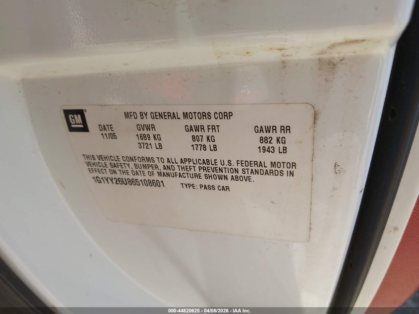 2006 Chevrolet Corvette VIN: 1G1YY26U865108601 Lot: 44820620