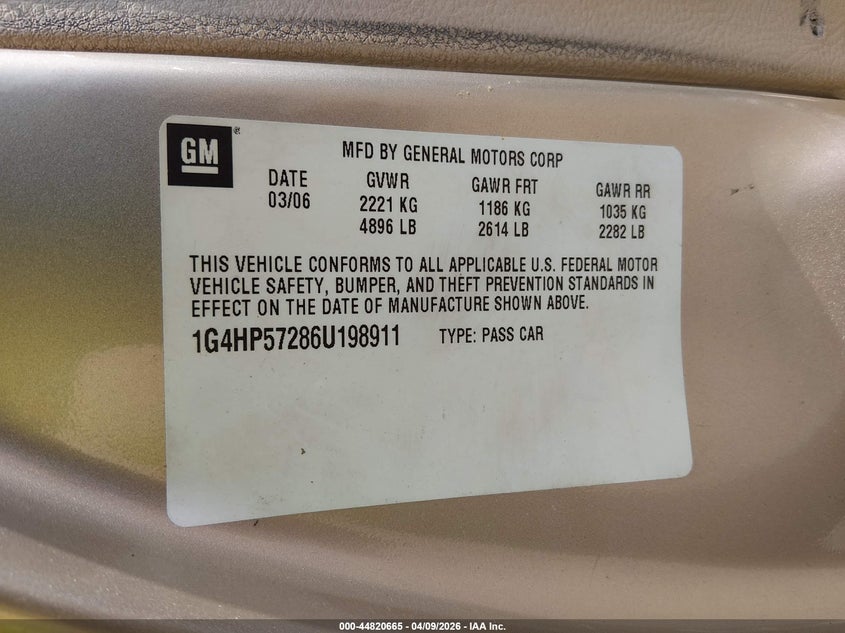 2006 Buick Lucerne Cx VIN: 1G4HP57286U198911 Lot: 44820665