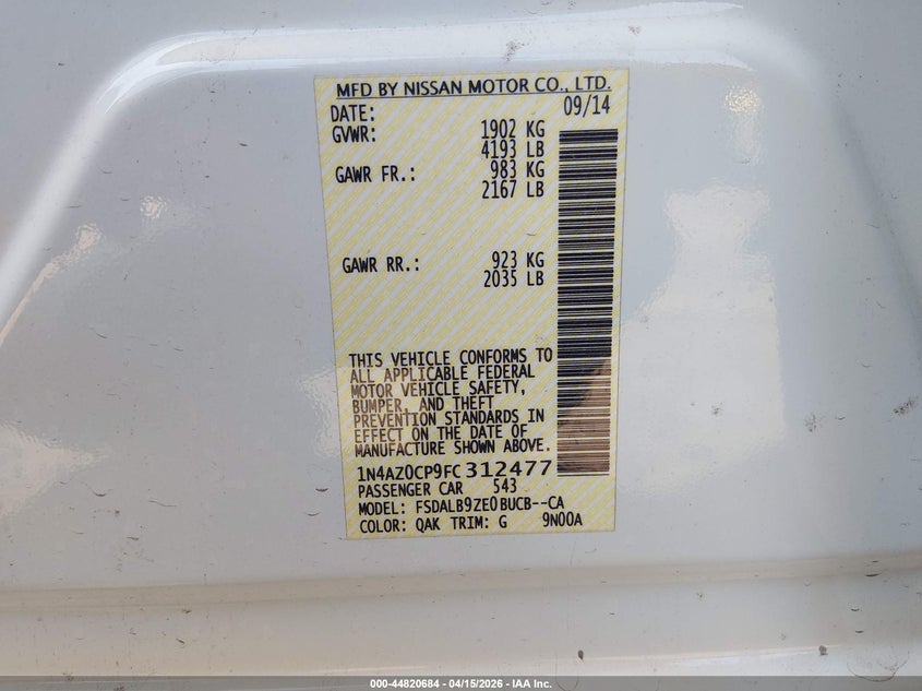 2015 Nissan Leaf S VIN: 1N4AZ0CP9FC312477 Lot: 44820684