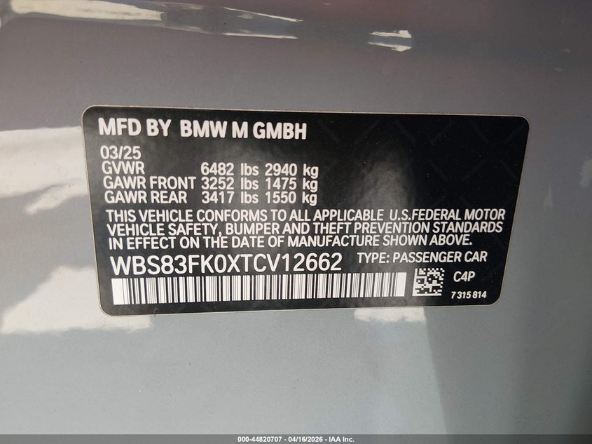 2026 BMW M5 4.4 grey Lot 111044820707 Vin WBS83FK0XTCV12662
