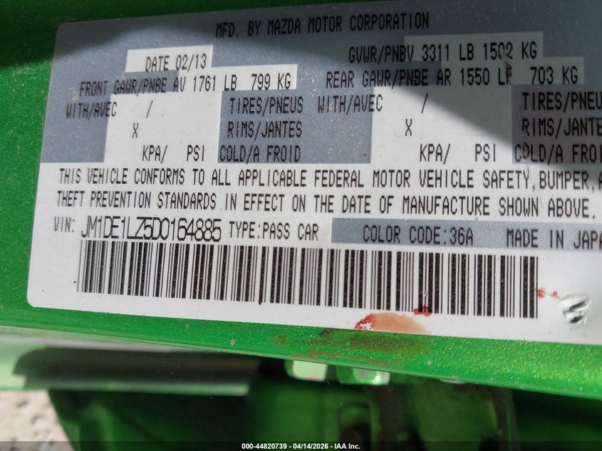 2013 Mazda Mazda2 Touring VIN: JM1DE1LZ5D0164885 Lot: 44820739
