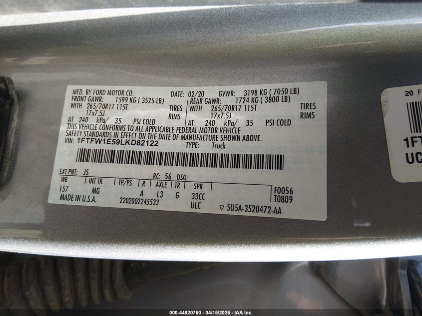 2020 Ford F-150 Xlt VIN: 1FTFW1E59LKD82122 Lot: 44820760