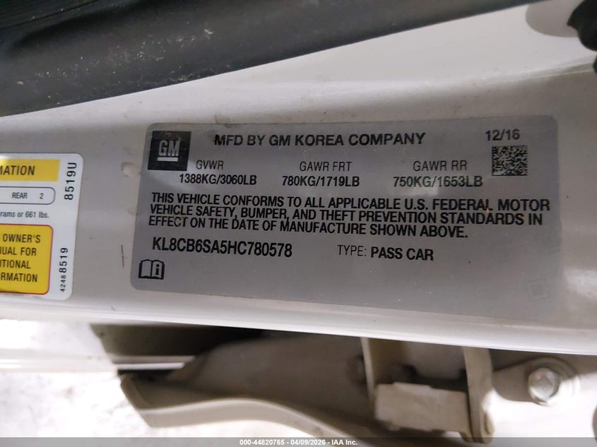 2017 Chevrolet Spark Ls Cvt VIN: KL8CB6SA5HC780578 Lot: 44820765