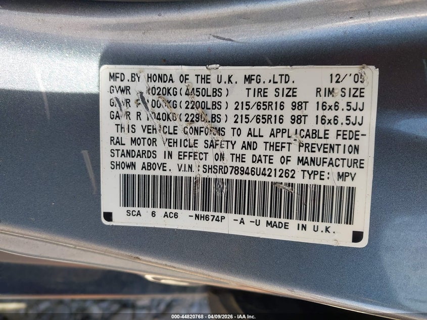 HONDA CR-V 2006 VIN SHSRD78946U421262
