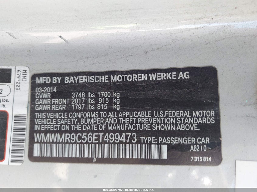 2014 Mini Convertible John Cooper Works VIN: WMWMR9C56ET499473 Lot: 44820792