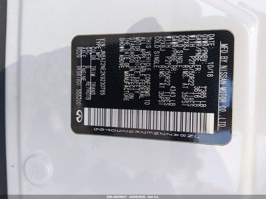 2019 Infiniti Qx80 Luxe VIN: JN8AZ2NE2K9230765 Lot: 44820831