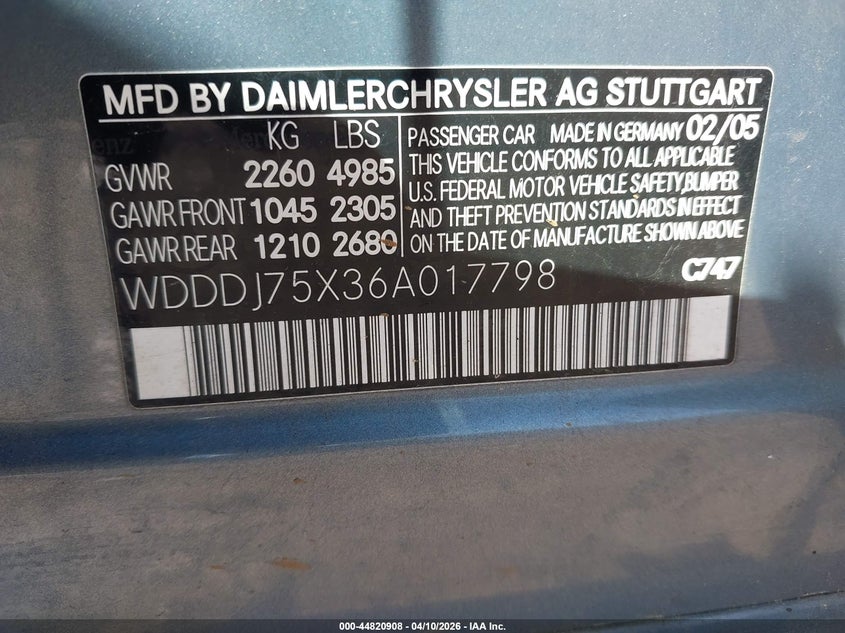 2006 Mercedes-Benz Cls 500 VIN: WDDDJ75X36A017798 Lot: 44820908