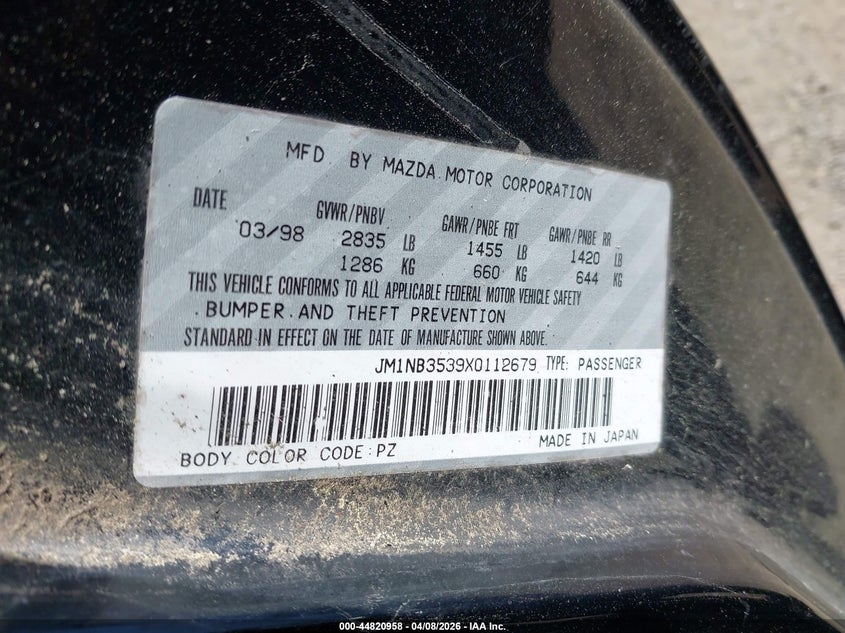 1999 Mazda Mx-5 Miata Leather Pkg/Popular Equipment Pkg/Sports Pkg/Touring Pkg VIN: JM1NB3539X0113679 Lot: 44820958