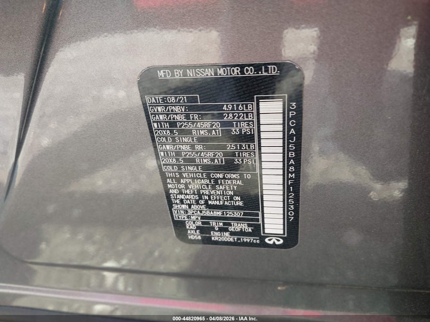 2021 Infiniti Qx50 Luxe VIN: 3PCAJ5BA8MF125307 Lot: 44820965