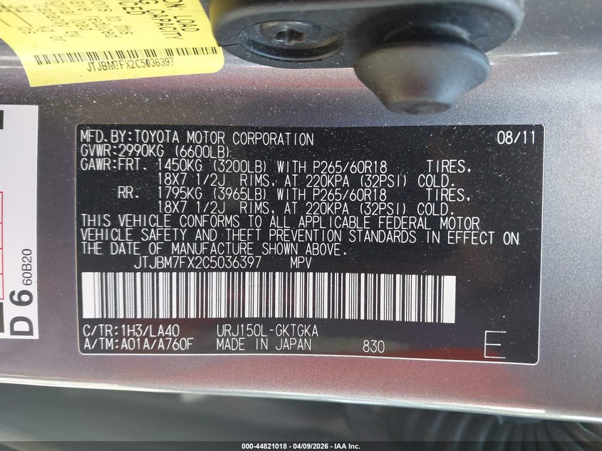 2012 Lexus Gx 460 VIN: JTJBM7FX2C5036397 Lot: 44821018