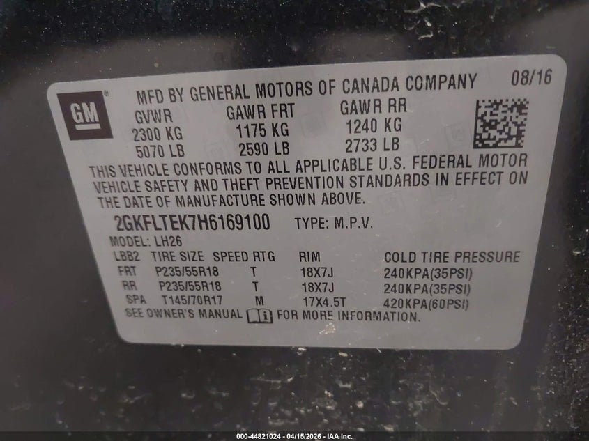 2017 GMC Terrain Sle-2 VIN: 2GKFLTEK7H6169100 Lot: 44821024