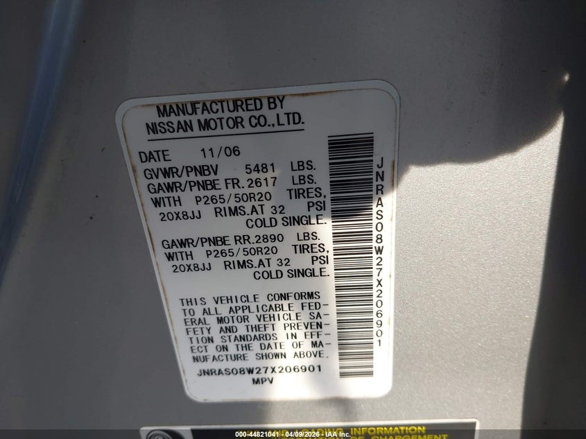 2007 Infiniti Fx35 VIN: JNRAS08W27X206901 Lot: 44821041