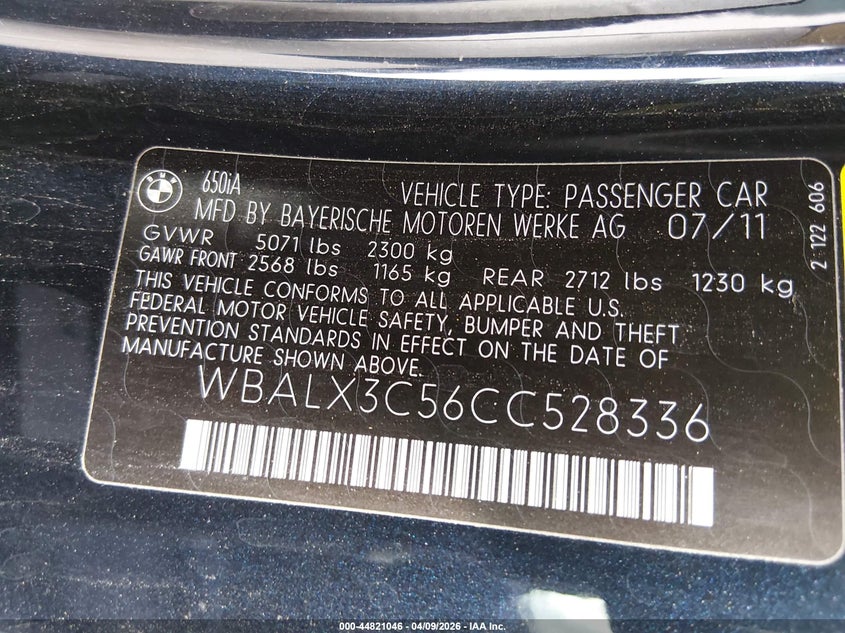 2012 BMW 650I VIN: WBALX3C56CC528336 Lot: 44821046