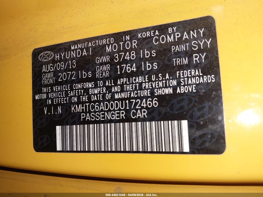 2013 Hyundai Veloster Base W/Black VIN: KMHTC6AD0DU172466 Lot: 44821048