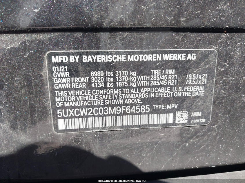 2021 BMW X7 xDrive40I VIN: 5UXCW2C03M9F64585 Lot: 44821050