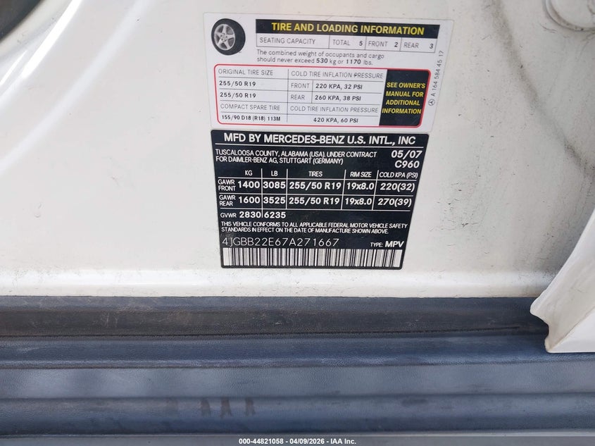 2007 Mercedes-Benz Ml 320 Cdi 4Matic VIN: 4JGBB22E67A271667 Lot: 44821058