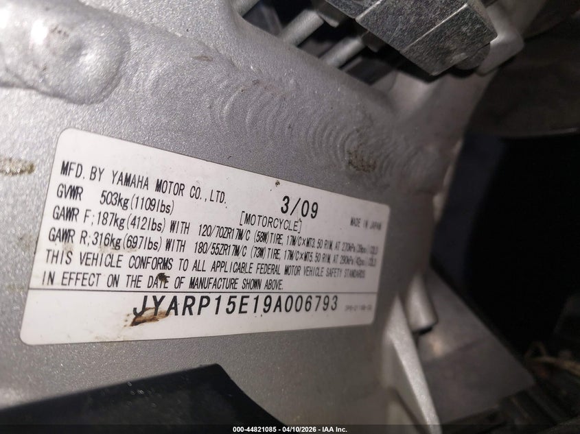 2009 Yamaha Fjr1300 A VIN: JYARP15E19A006793 Lot: 44821085