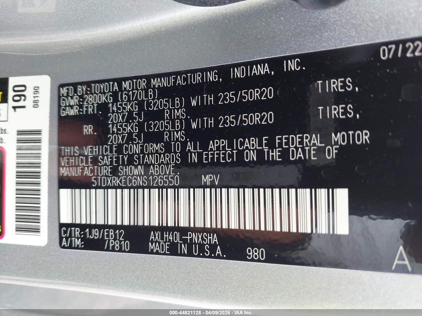 2022 Toyota Sienna Xse VIN: 5TDXRKEC6NS126550 Lot: 44821128