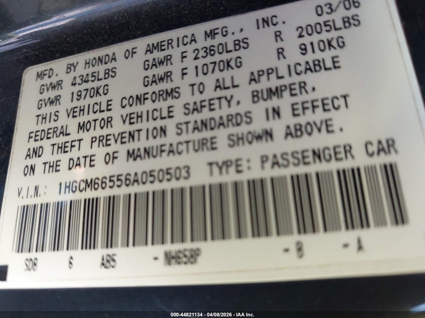 2006 Honda Accord 3.0 Ex VIN: 1HGCM66556A050503 Lot: 44821134