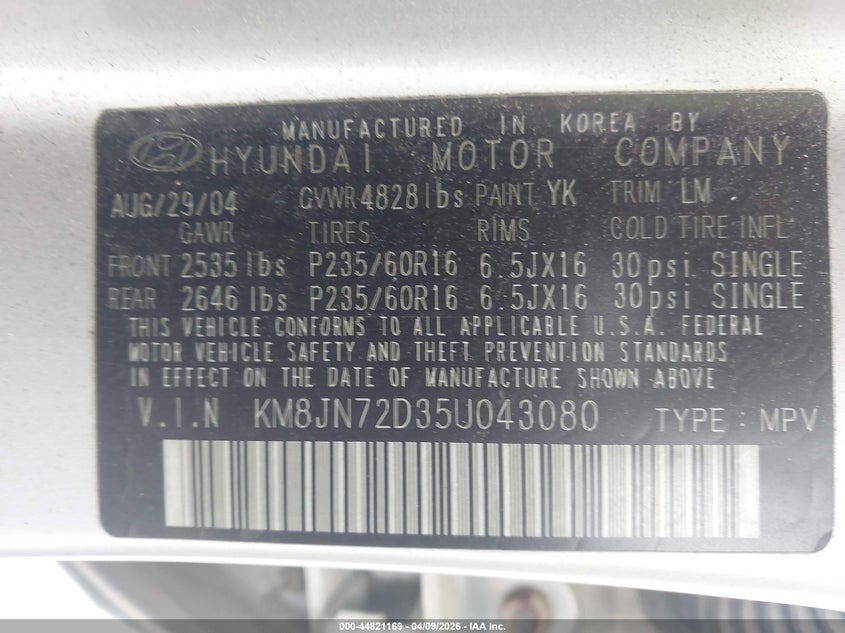 2005 Hyundai Tucson Gls/Lx VIN: KM8JN72D35U043080 Lot: 44821169