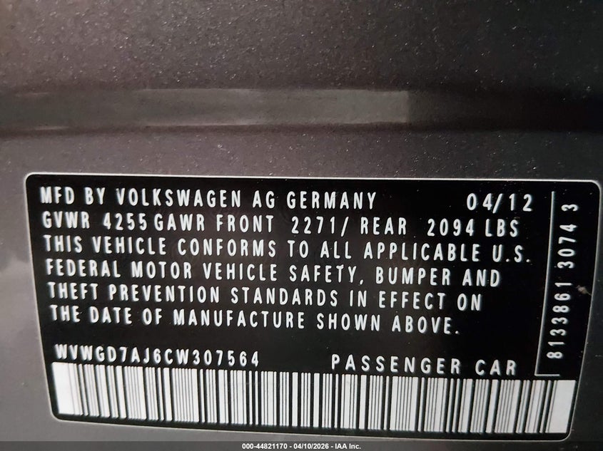 2012 Volkswagen Gti 4-Door VIN: WVWGD7AJ6CW307564 Lot: 44821170