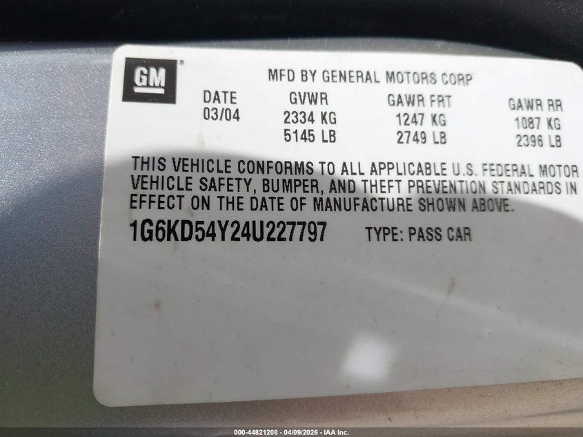 2004 Cadillac Deville Standard VIN: 1G6KD54Y24U227797 Lot: 44821208