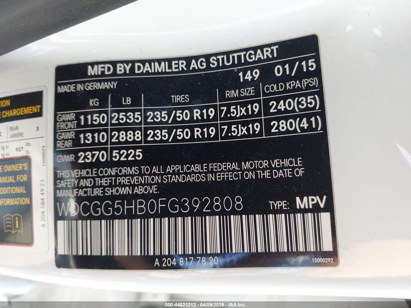 2015 Mercedes-Benz Glk 350 VIN: WDCGG5HB0FG392808 Lot: 44821212