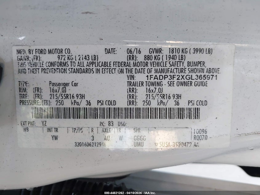 2016 Ford Focus 2.0 Se white Lot 111044821262 Vin 1FADP3F2XGL365971
