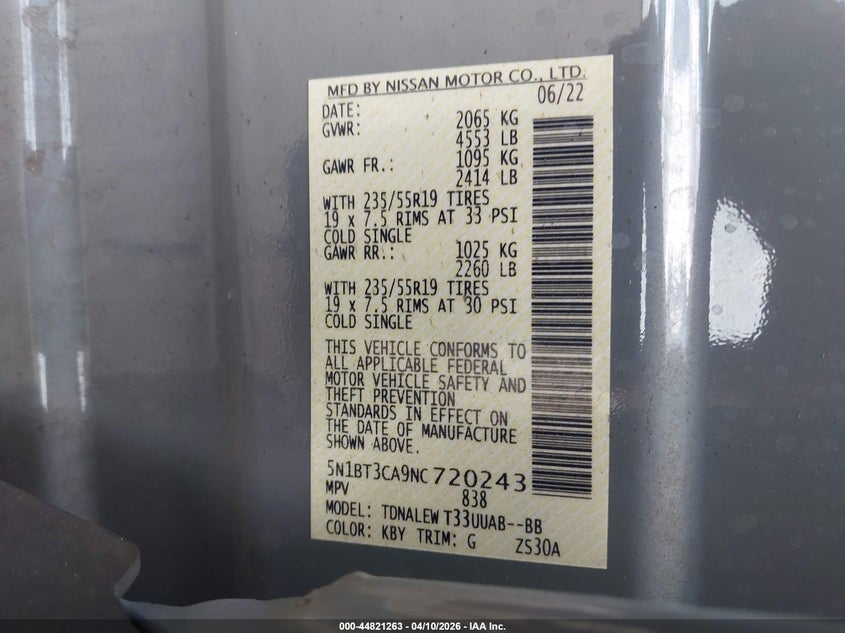 2022 Nissan Rogue Sl Fwd VIN: 5N1BT3CA9NC720243 Lot: 44821263