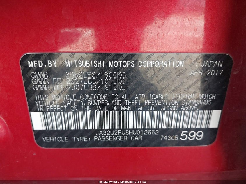 2017 Mitsubishi Lancer Es VIN: JA32U2FU8HU012662 Lot: 44821264