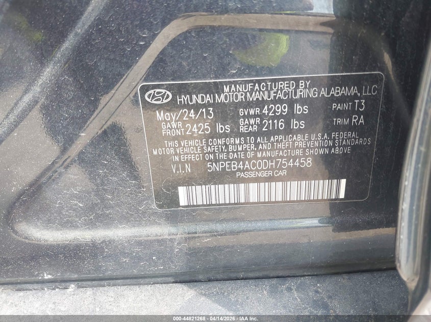 2013 Hyundai Sonata Gls VIN: 5NPEB4AC0DH754458 Lot: 44821268
