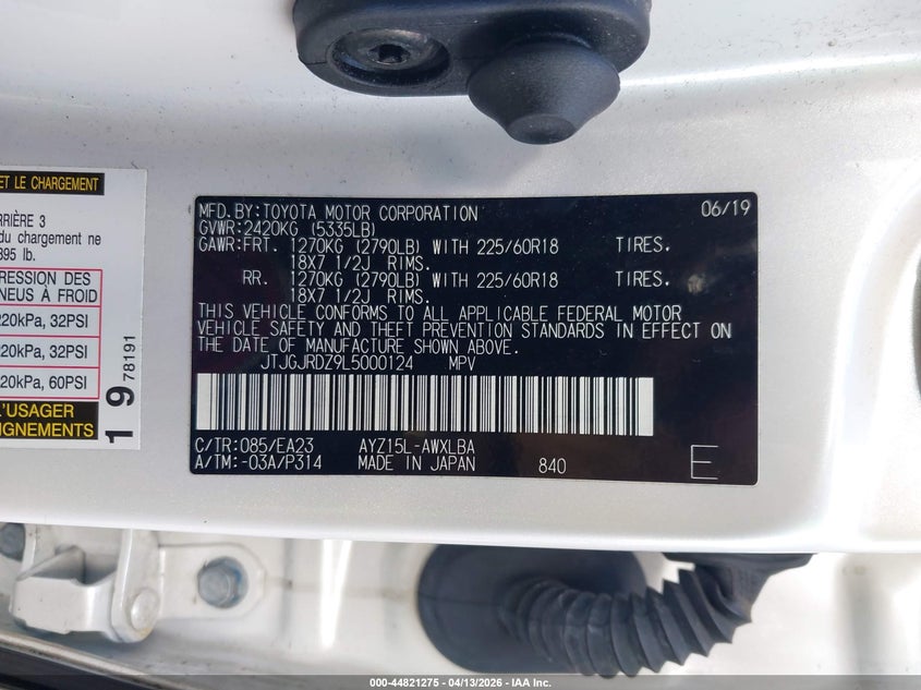 2020 Lexus Nx 300H VIN: JTJGJRDZ9L5000124 Lot: 44821275