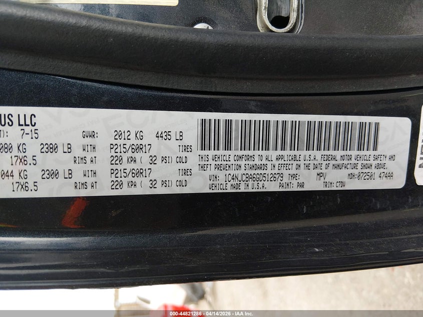 2016 Jeep Compass Sport VIN: 1C4NJCBA6GD512679 Lot: 44821286