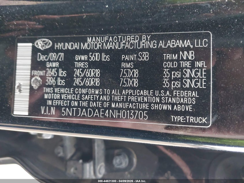 2022 Hyundai Santa Cruz Se VIN: 5NTJADAE4NH013705 Lot: 44821300