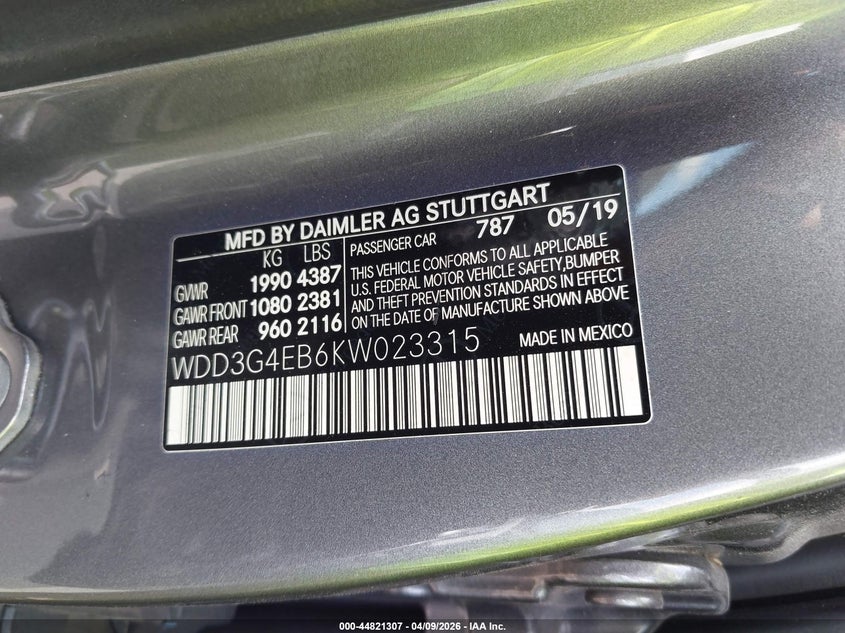 2019 Mercedes-Benz A 220 VIN: WDD3G4EB6KW023315 Lot: 44821307