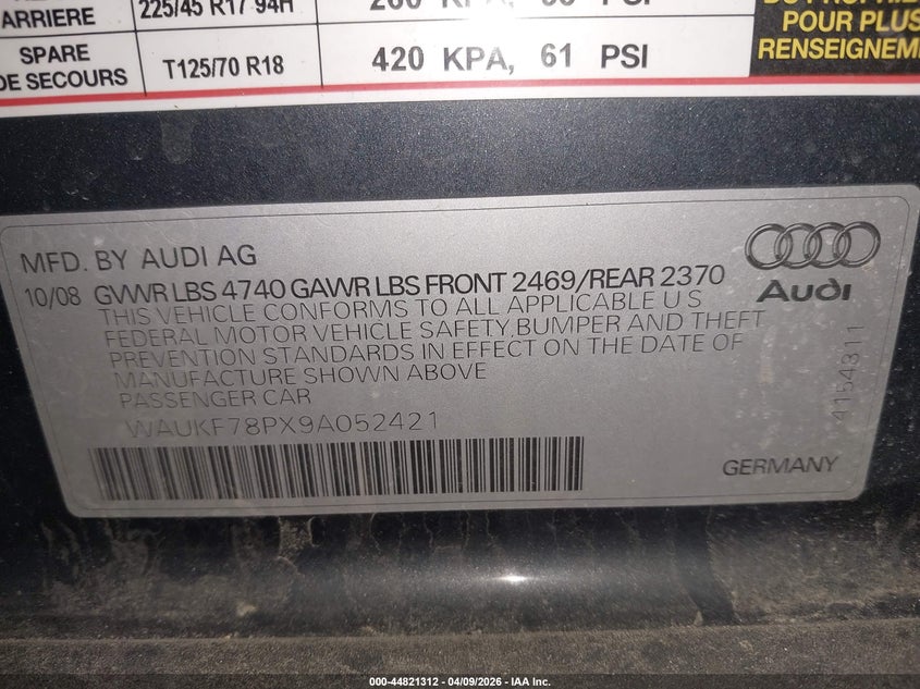 2009 Audi A3 2.0T VIN: WAUKF78PX9A052421 Lot: 44821312