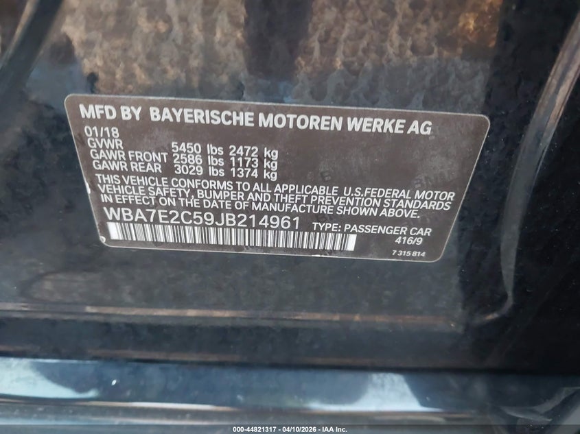 2018 BMW 740I VIN: WBA7E2C59JB214961 Lot: 44821317