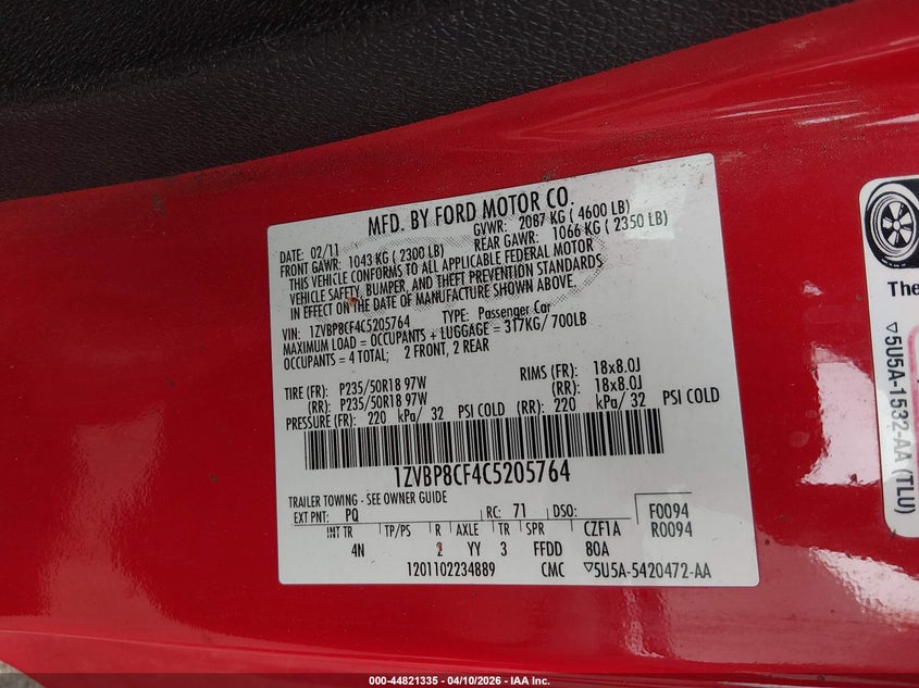2012 Ford Mustang 5.0 Gt Premium Unknown Lot 111044821335 Vin 1ZVBP8CF4C5205764