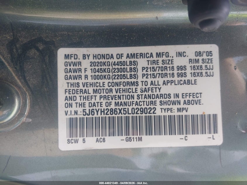 2005 Honda Element Ex VIN: 5J6YH286X5L029022 Lot: 44821349