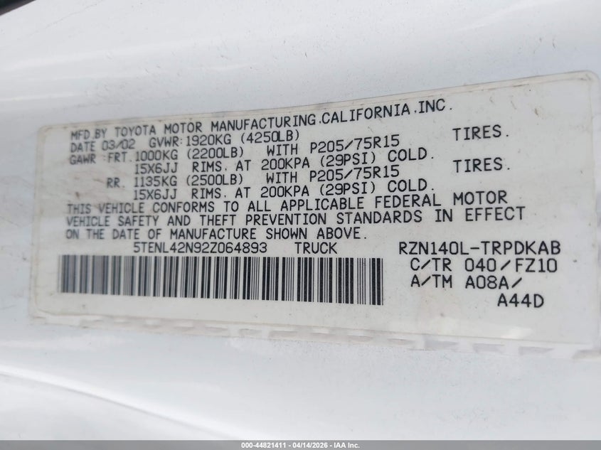 2002 Toyota Tacoma VIN: 5TENL42N92Z064893 Lot: 44821411