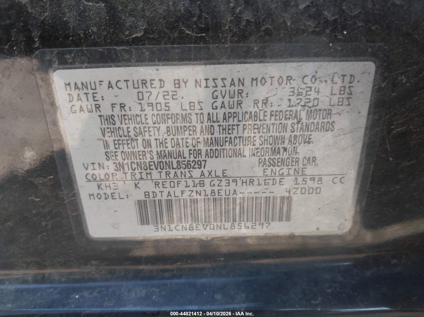 2022 Nissan Versa 1.6 Sv Xtronic Cvt VIN: 3N1CN8EV0NL856297 Lot: 44821412