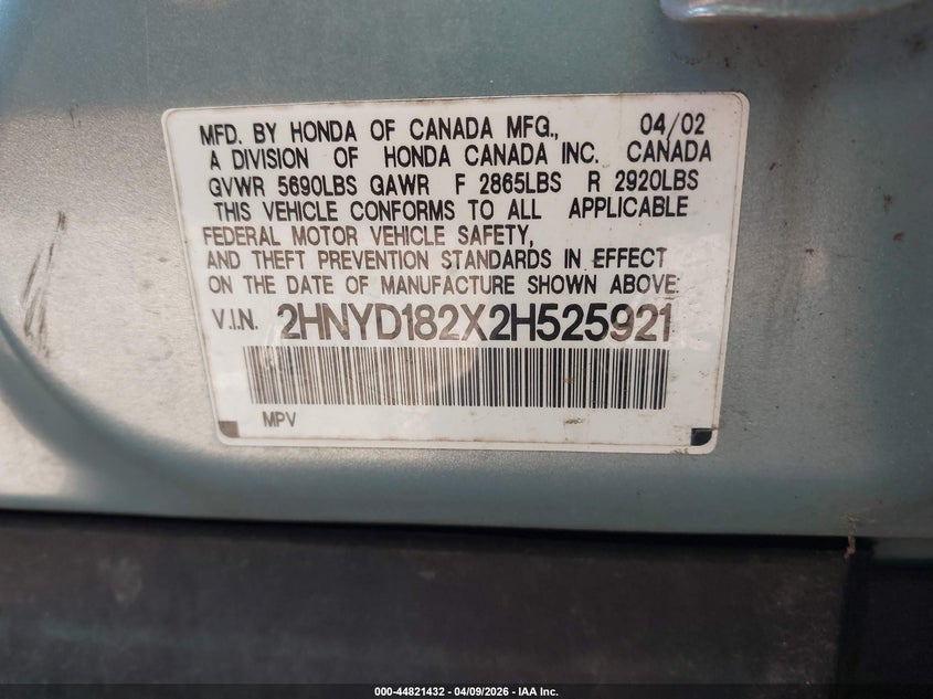 2002 Acura Mdx VIN: 2HNYD182X2H525921 Lot: 44821432
