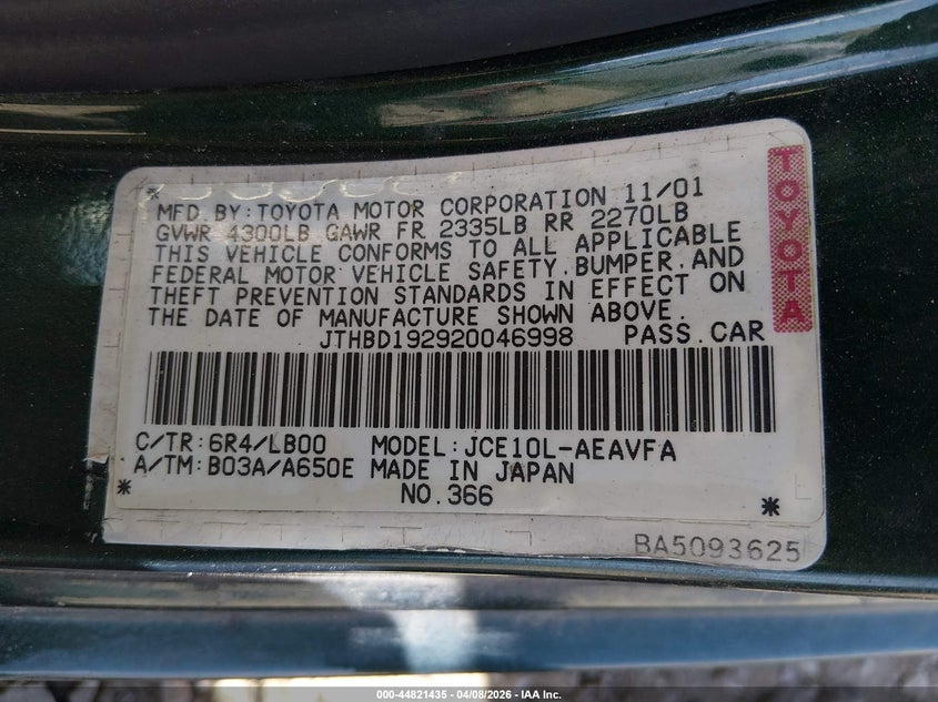 2002 Lexus Is 300 VIN: JTHBD192920046998 Lot: 44821435