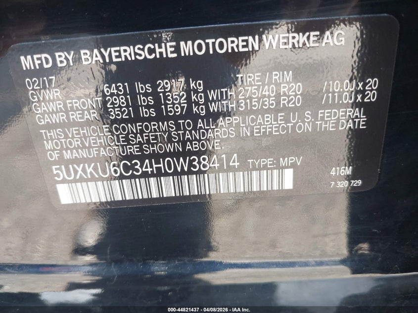 2017 BMW X6 xDrive50I VIN: 5UXKU6C34H0W38414 Lot: 44821437