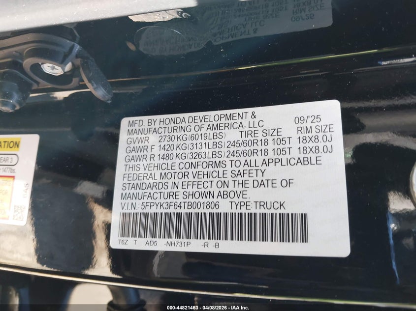 2026 Honda Ridgeline 3.5 Trailsport black Lot 111044821463 Vin 5FPYK3F64TB001806