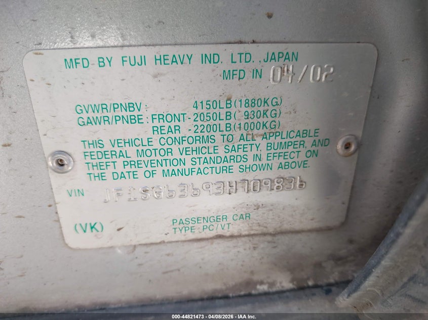 2003 Subaru Forester X VIN: JF1SG63693H709836 Lot: 44821473