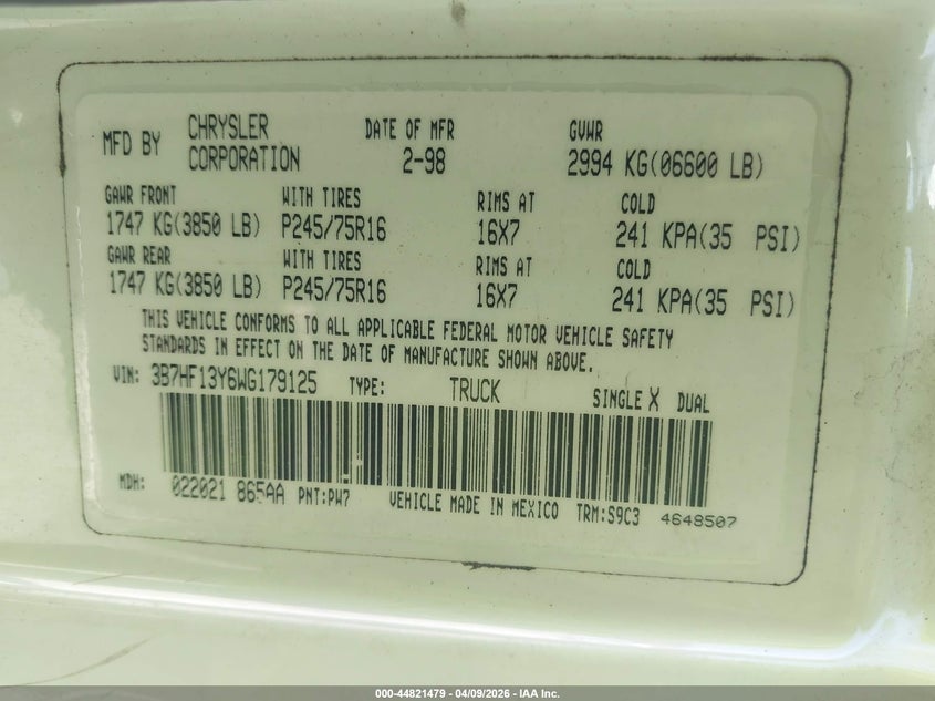1998 Dodge Ram 1500 St VIN: 3B7HF13Y6WG179125 Lot: 44821479