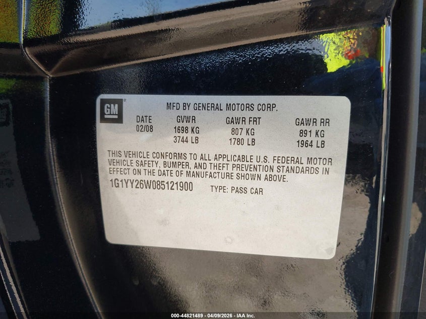 2008 Chevrolet Corvette VIN: 1G1YY26W085121900 Lot: 44821489