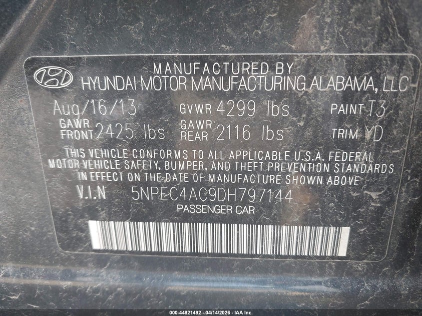 2013 Hyundai Sonata Limited VIN: 5NPEC4AC9DH797144 Lot: 44821492